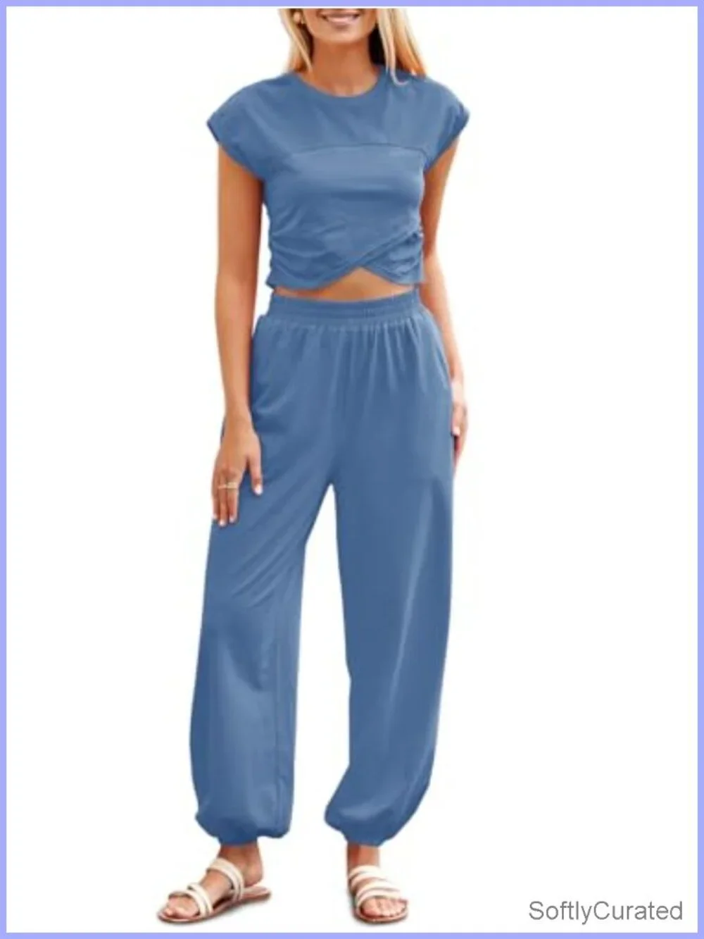 Two Piece Lounge Set Crop Top Joggers Tracksuit Pockets